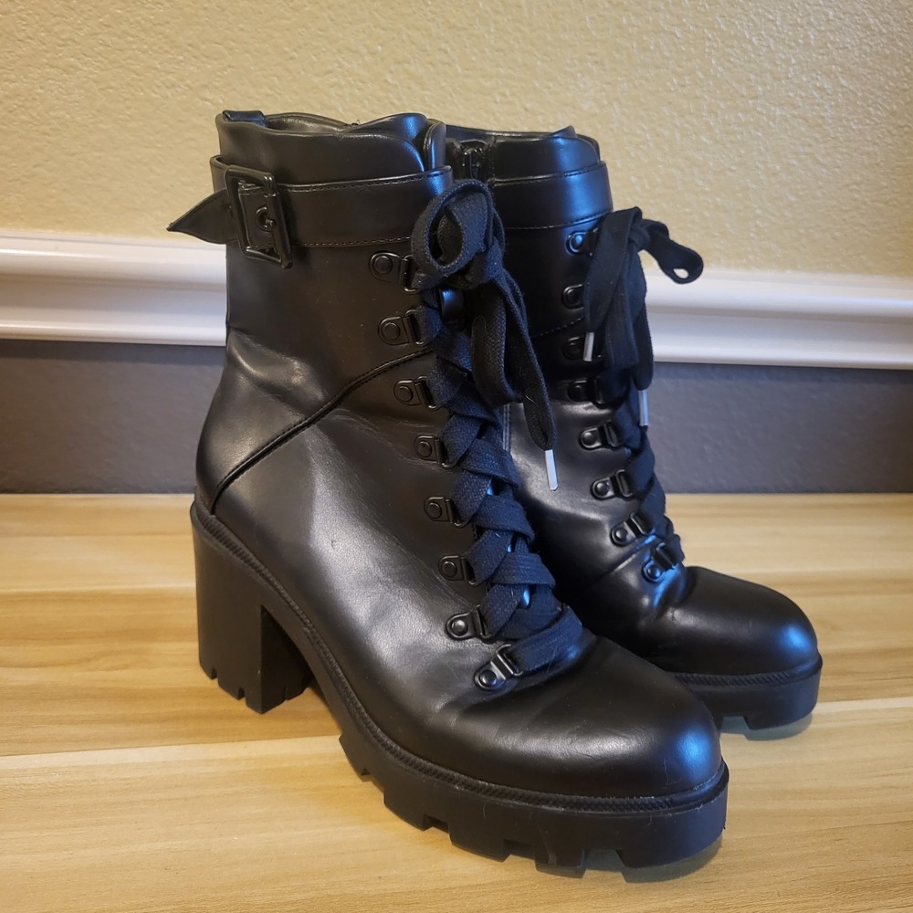 Mix No.6 Boots Valera Lace Up  Combat Block Heels Black Faux Leather Women's 8M - Picture 2 of 16